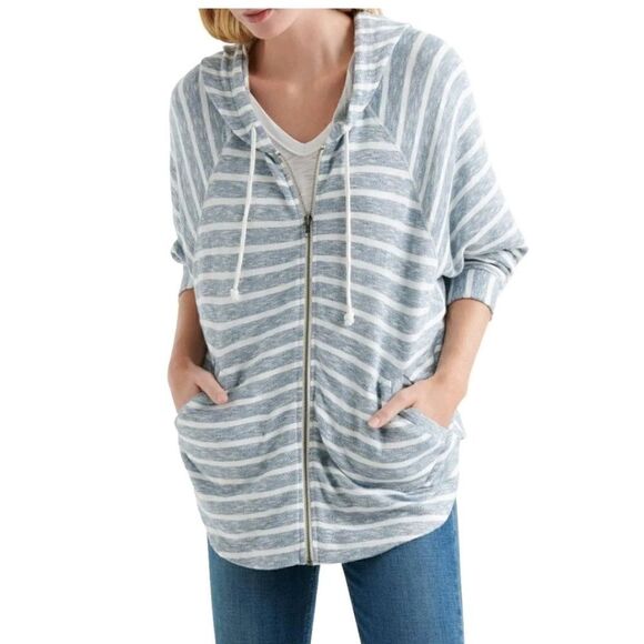 LUCKY BRAND Women's Striped French Terry Hooded Poncho Zip-up Jacket Top  M - Picture 1 of 14